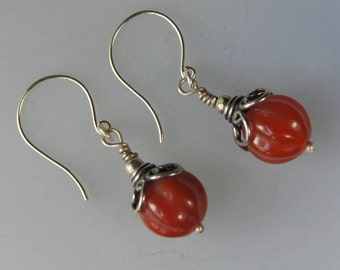 Carved Carnelian Gemstone Sterling Silver Dangle Earrings