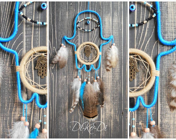 Dream catcher Hamsa blue Dreamcatcher hand of God dream catcher hamsa necklace hand of hamsa dreamcatcher jewelry hamsa decor