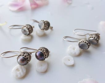 Moonstone Earring Moon Drops Black Pearl Drops Sterling Earring Small Round Earrings Oval Drop Earrings Gift For Her Intricate Earrings