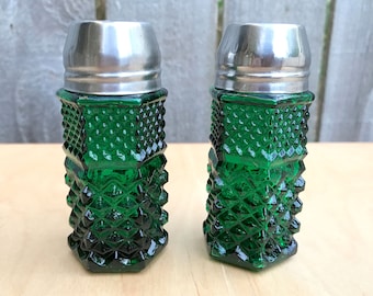 Vintage Green Depression Glass Salt & Pepper Shakers, Vintage Shakers, Emerald Green Aluminum Screw Lids, 1950's Shakers, Salt Shaker