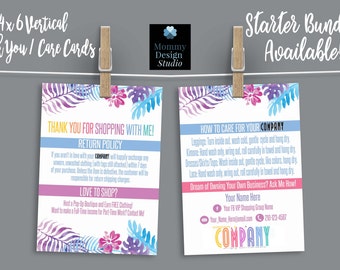 Thank You/Care Card - Multi Color WaterColor Tropical Flowers - Home Office Approved Fonts/Logo - Wash Instructions - Return Policy -Magnet