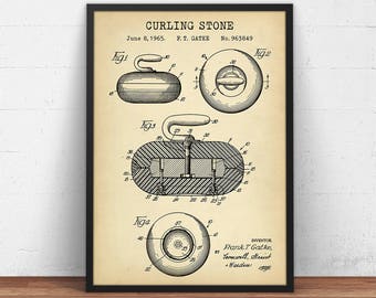 Curling Stone Patent Print, Digital Download, Curling Rock Blueprint Poster Printable, Fan Gifts, Curling Player Gift, Sports Wall Art Decor