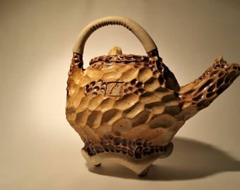 Koi Teapot II. Wheel Thrown and Hand Carved One of a Kind Stoneware Teapot.