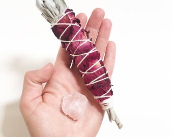 Rose Petal & White Sage Smudge Stick with Rose Quartz Crystal // rose petal wrapped smudge wand // floral sage smudge // love charm // witch