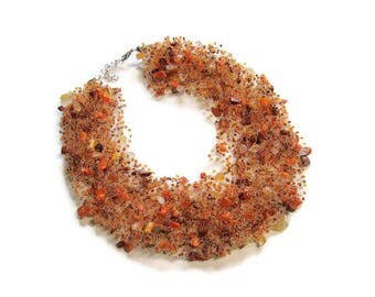 Aventurine carnelian coral stone necklace Orange brown chic necklace Crochet jewelry Gemstones choker Unique necklace Anniversary gifts
