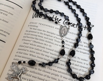 Snowflakes Obsidian and Black Onyx Gemstone Five decade Rosary with Miraculous Medal