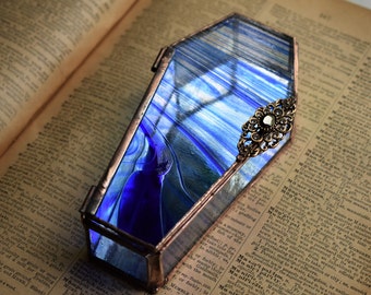 Coffin Stained Glass Box in Clue Swirl and Copper