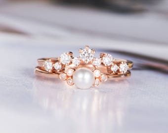 pearl engagement ring rose gold bridal sets wedding ring diamond minimalist three stone cluster ring promise - Pearl Wedding Ring pearl engagement ring rose gold bridal sets wedding ring diamond minimalist three stone cluster ring promise - Pearl Wedding Ring