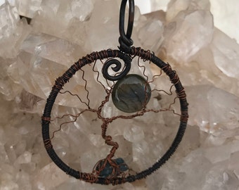 Tree-Of-Life Pendant, Family Tree, Boho Pendant, Moon Pendant, Labradorite Stone, Magic Stone, Blue Necklace. Gift for Her.