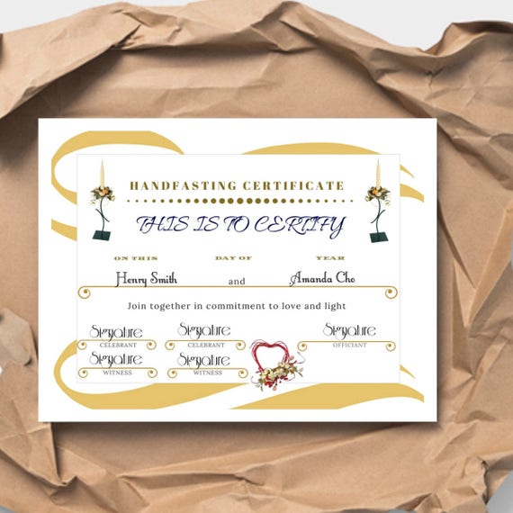 Handfasting Certificate Pagan Wedding Ceremony Template Wicca