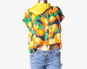 Crop top•Sleeveless top•Vintage clothing•90s blouse•Womens blouse•90s top•Womens clothing•90s cropped blouse•Psychodelic fruity print•Gold