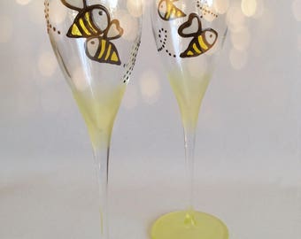 Pair of Hand Painted Busy Bees Champagne flutes