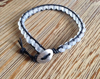 Beaded bracelet, leather wrap bracelet, clear beaded bracelet
