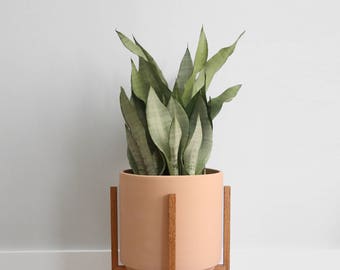 Large - Mid-century Modern Planter with Oak Wood Planter Stand - 12" Unglazed Ceramic (Terracotta)