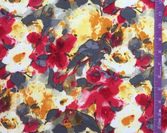 woven fabric, floral fabric, floral print, 100% rayon, red and yellow floral