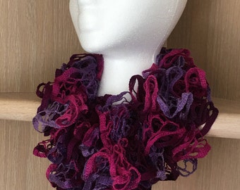 Pink, Purple and Burgundy Ruffle Scarf/Frilly knit scarf/Frilly Knitted Ribbon Scarf