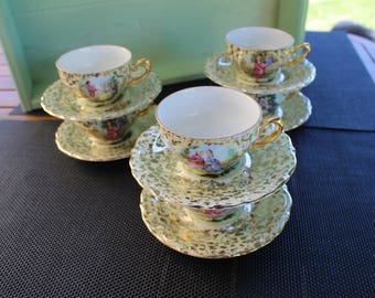 Six French Vintage Espresso (Demitasse) Cups and Saucers depicting the 'Ragonard Courting Scenes'