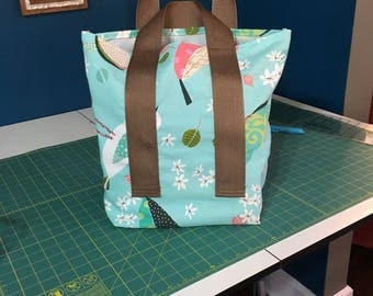 Shopping Tote in Aqua with Birds