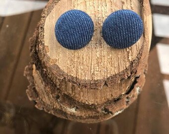 Fabric Button Earrings - Denim