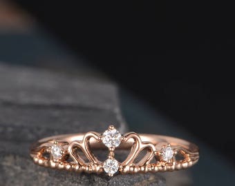 Queen Wedding Band Rose Gold Crown Ring Diamond Eternity Band Delicate Tiara Bridal Anniversary Gift Women Princess Promise Ring Dainty 14k