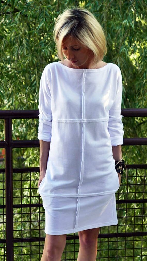 ONE white mini dress / cotton dress / with pockets / with