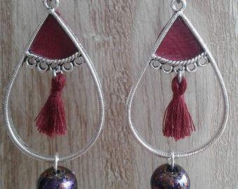 ring silver, leather and Burgundy tassel, pearl earrings, Burgundy and rust