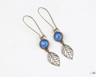 Brass and blue flowers #1019 earrings
