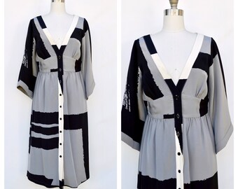 deep V abstract dress / kimono silk dress / medium