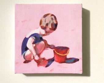 A girl with a red bucket- Tiny canvas print /art print / CHILDREN / sea drawing-- wall hanging