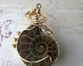 Wire Wrapped Ammonite pendant, Gold plated Ammonite wire wrap jewellery, Ammonite pendant, Fossil Jewellery (bjw06)