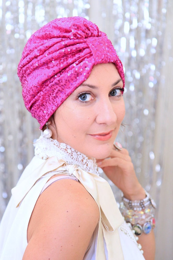 Sequin Turban In Raspberry Pink Women's Headwrap Turbans