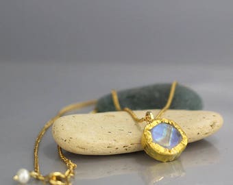 Solid Gold Moonstone Necklace, Bridal Necklace, Gold Necklace Women, Natural Moonstone, Wedding Gift, Moonstone Necklace, Gift for Wife