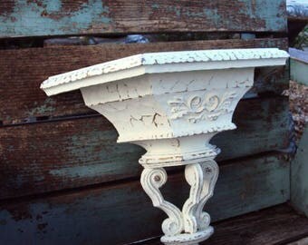 Vintage Shabby chic Wall Shelf Distressed Chippy Antique off White Baroque Hollywood Regency Wall Hanging Display Ornate Shelf