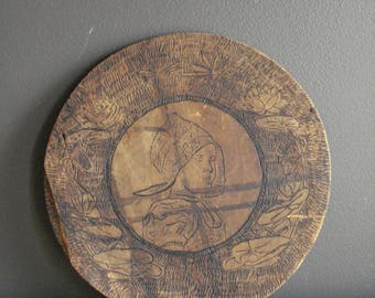 Girl with Dragonflies - Vintage Wood Burning Art - Pyrography - Young Girl Vintage Drawing on Wood