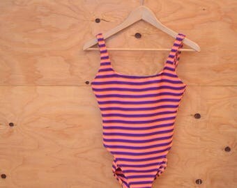 Vintage 80's Neon Rainbow Tropical Striped Print Swimsuit SZ S/M