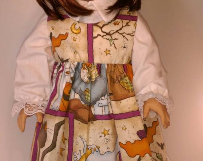 Halloween theme sleeveless doll dress with pumpkins and scarecrows, witches, cats. with blouse fits 18 inch dolls