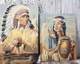 2 Vintage paint-by-number paintings American Indians, pbn, Native Americans, Southwest Decor, Chief and Squaw