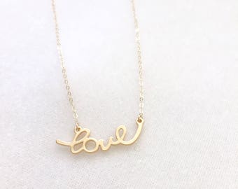 Love Necklace - Dainty Gold Necklace, Love Charm Necklace, Layering Necklace, Love Script Necklace, Delicate Jewelry