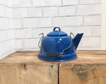 SALE - Vintage Enamel Kettle in blue speckled Wire Handle