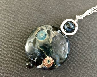 Black moderne glass lampwork pendant - Unique One of a Kind jewelry - Handmade Murano christmas gift for here - Rock glass art necklace