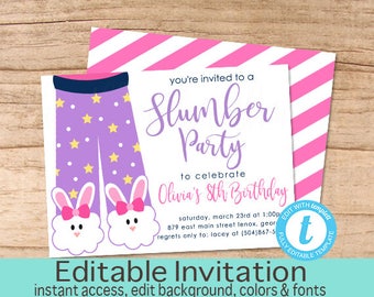 Slumber Party Invitation, Pajama Party, Sleepover Invitation, Editable Birthday invite, Girl Birthday Invitation, Templett, Instant Download