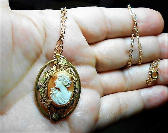 Edwardian CAMEO, Rare Left Facing, Yellow Gold Metal Small Hand Carved Vintage on G F Openwork Setting Necklace Ornate Open Work Only 144.90