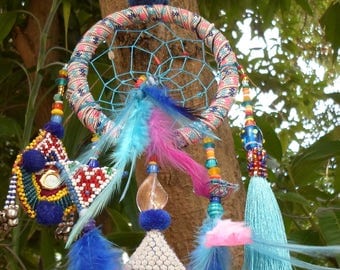 Tribal Dreamcatcher With Vintage Textiles, Beads, Shells, Feathers, Tassels and Magic