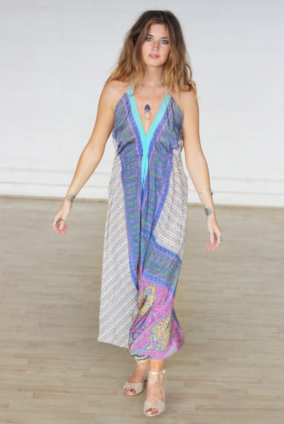 ORIENTAL SILK JUMPSUIT -Limited Edition Silk Jumpsuit-Handmade- Vintage Sari Jumpsuit- Hippie- Retro- Halterneck- 100% Silk- Couture