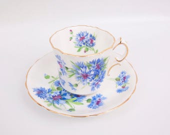 Vintage Hammersley Teacup Saucer Blue Cornflower Fine Bone China Gold Trim Made in England Purple flowers