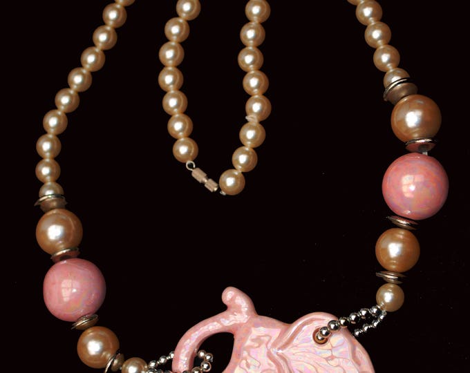 Pink Elephant Pearl Necklace - Ceramic beads -white pearls silver - funky necklace