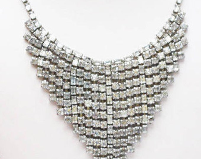 Rhinestone Bib Necklace - V Shape-clear rhinestone crystals - Silvertone metal Statement necklace - Mid Century - Wedding Prom