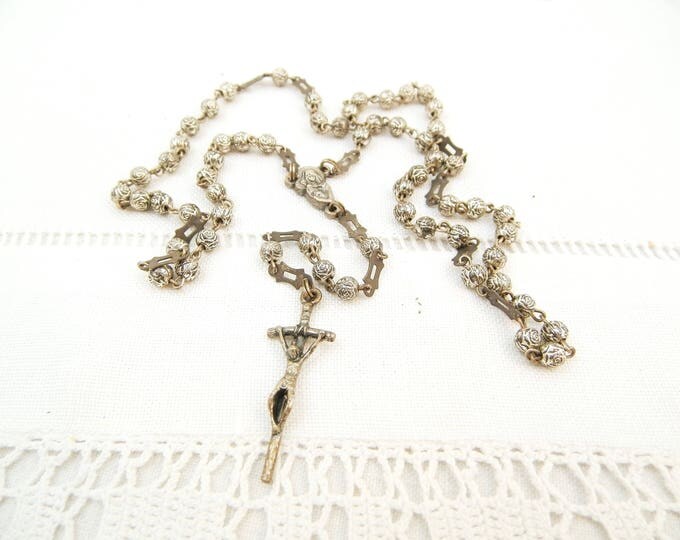 Vintage 1960s Small Delicate Silver Plated Rosary Beads and Crucifix, French Rose Shaped Religious Beads