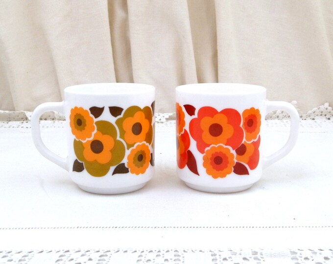 2 Vintage Arcopal Mid Century French White Milk Glass with Orange, Red and Green Retro Flower Pattern Coffee Mugs, Pair 1960s / 1970s Cups