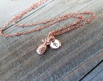 Rose gold necklace - pineapple necklace - rose gold pineapple - pineapple charm - rose gold initial - pineapple jewelry - rose gold jewelry